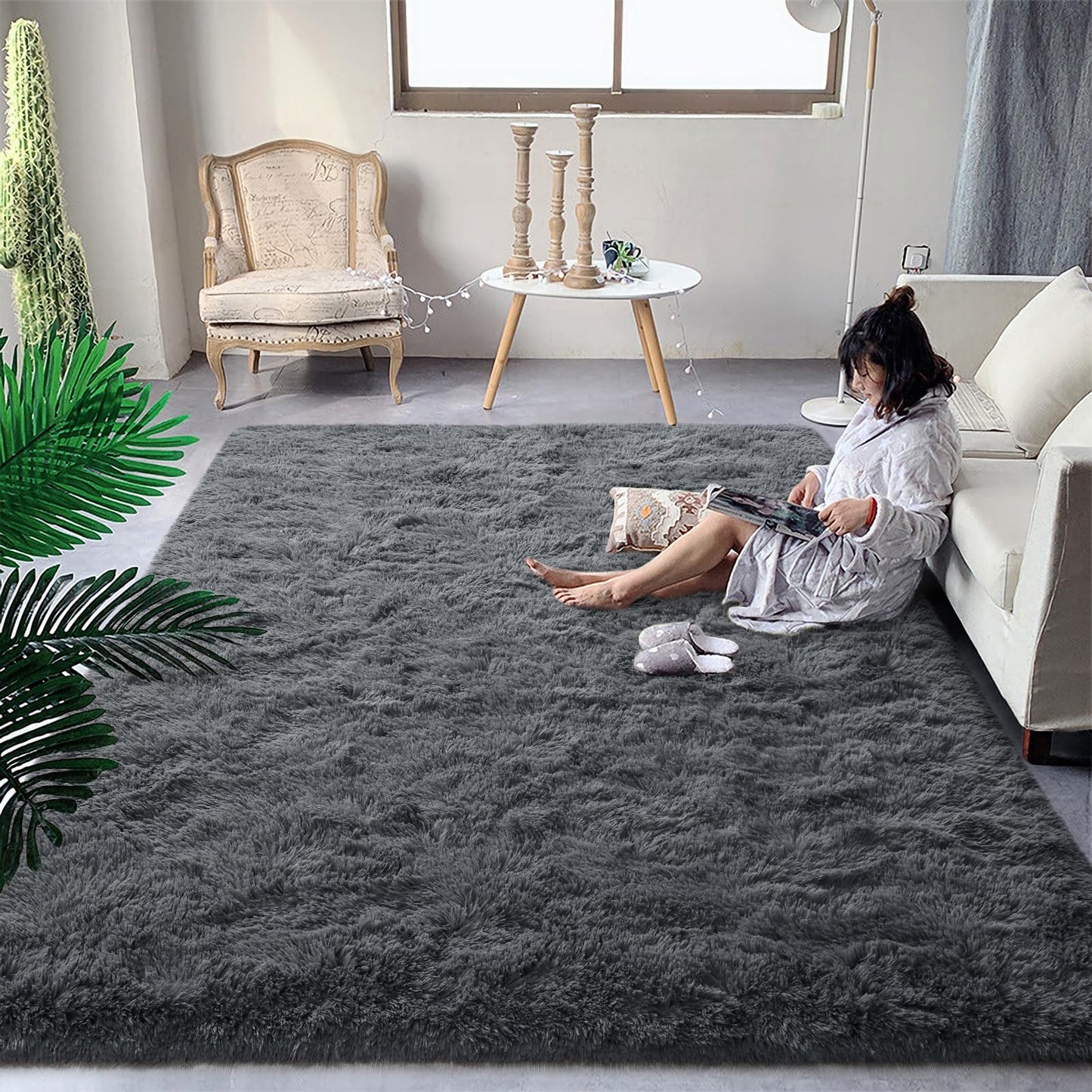 DweIke Super Soft Rug Fluffy Carpet for Living Room Bedroom, 4x6 ft Shaggy Grey Kids Area Rugs for Girls Boys Nursery Dorm Home Decor, Non-Slip Washable Plush Indoor Throw Carpets, Gray
